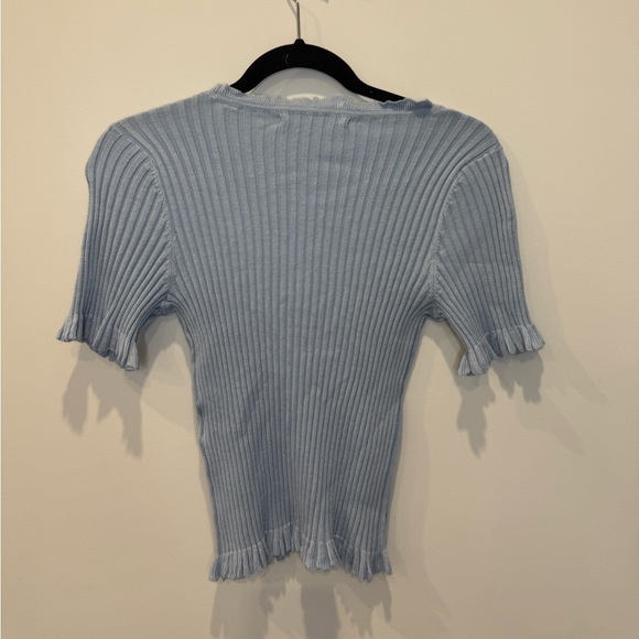 Only Light Blue Ribbed Cardigan Floral Embroidery Ruffle Trim- Size Small - Picture 7 of 9